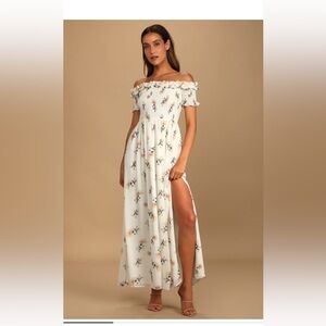 Let Love Bloom Ivory Floral Print Smocked Off-the-Shoulder Dress SIZE SMALL